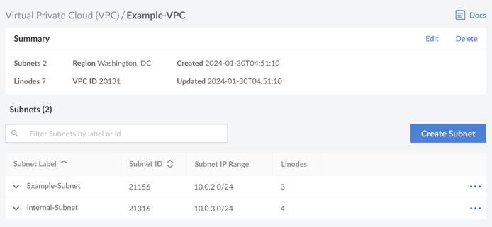 Screenshot of the VPC summary in the Cloud Manager