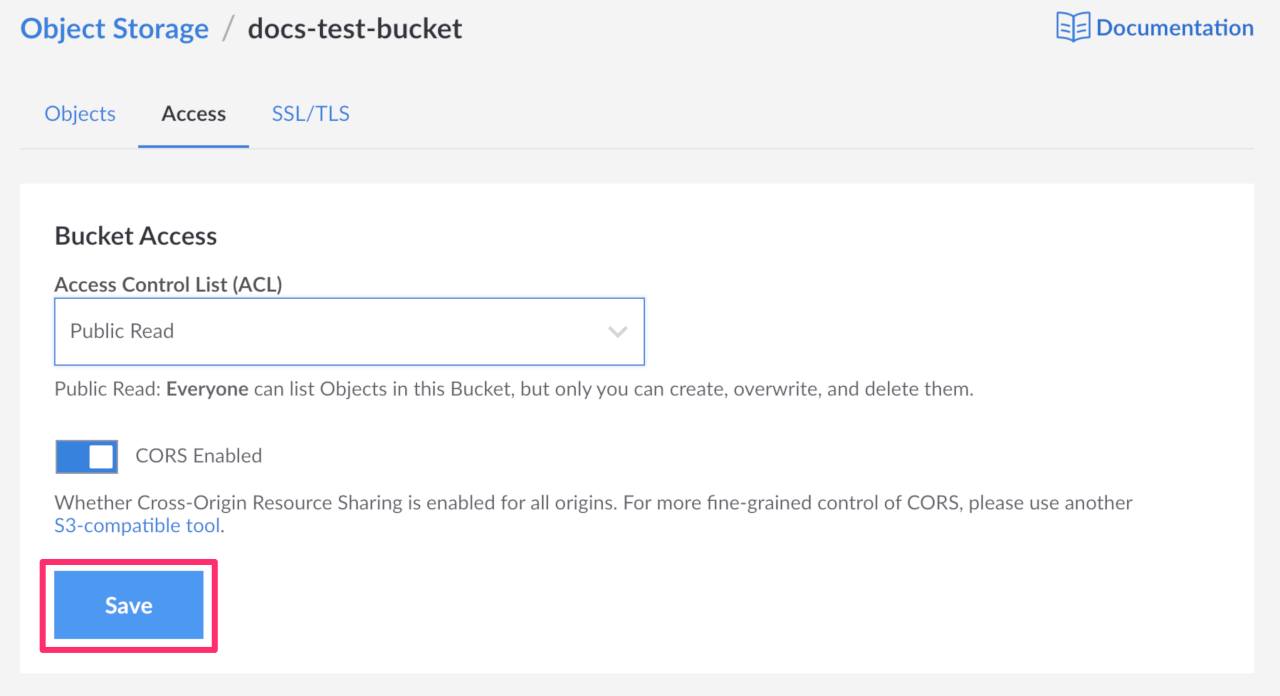 Object Storage Bucket Access Page Save Settings